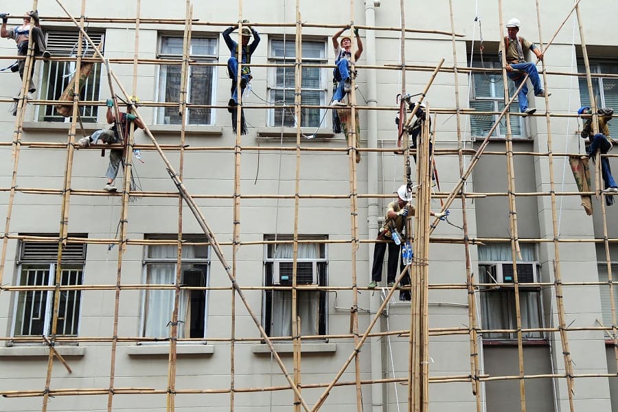 workers on bamboo scaffolding